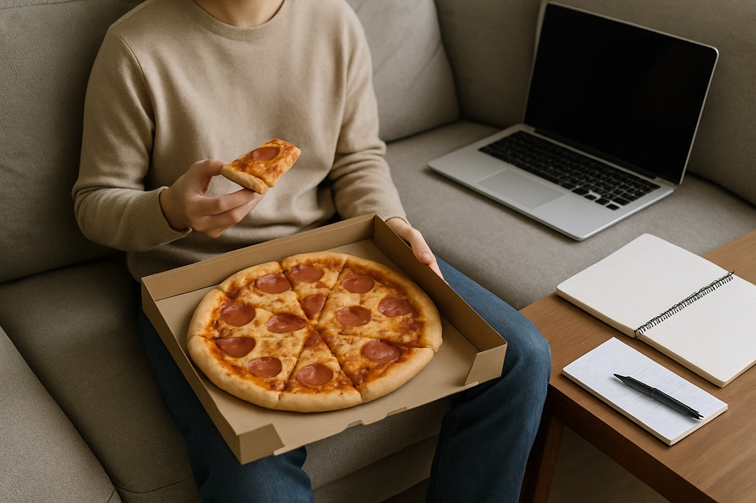 ソファで膝の上にピザの箱を広げている1人暮らしのイメージ