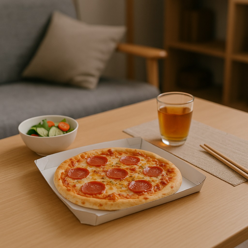 ダイニングテーブルに1人分のピザ（Sサイズ程度）が置かれた食卓