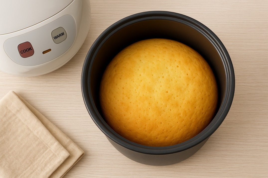 炊飯器内の焼きあがったケーキ