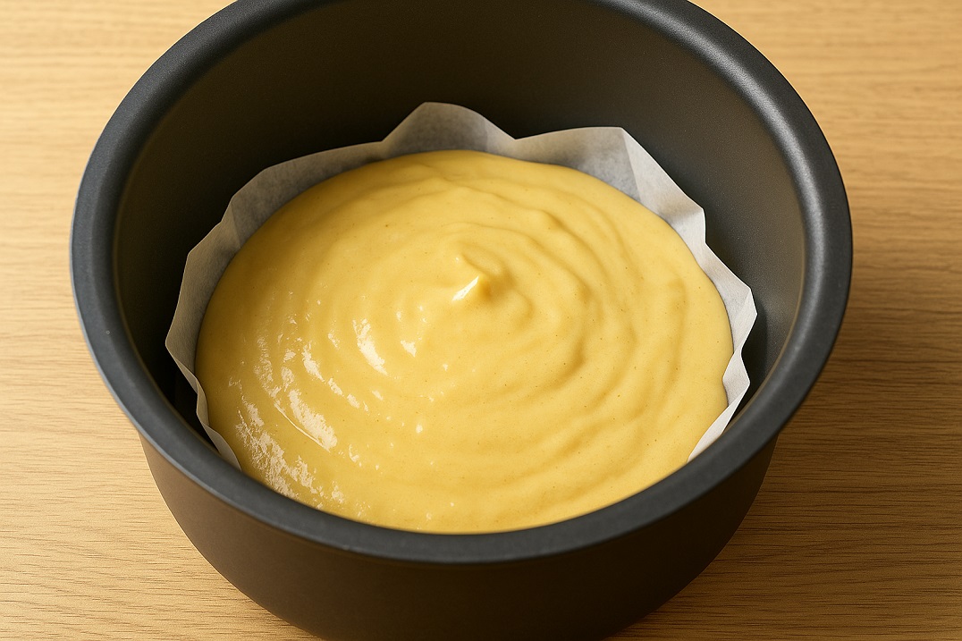 炊飯器内にクッキングシートとケーキのタネ