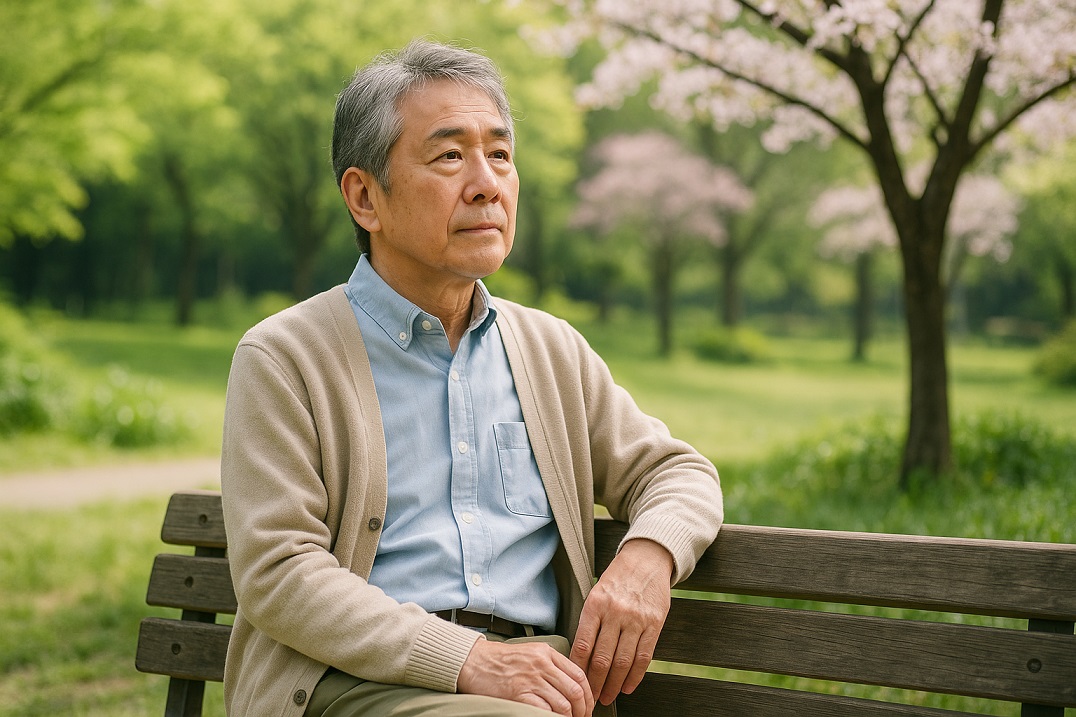 自然の中で物思いにふける男性