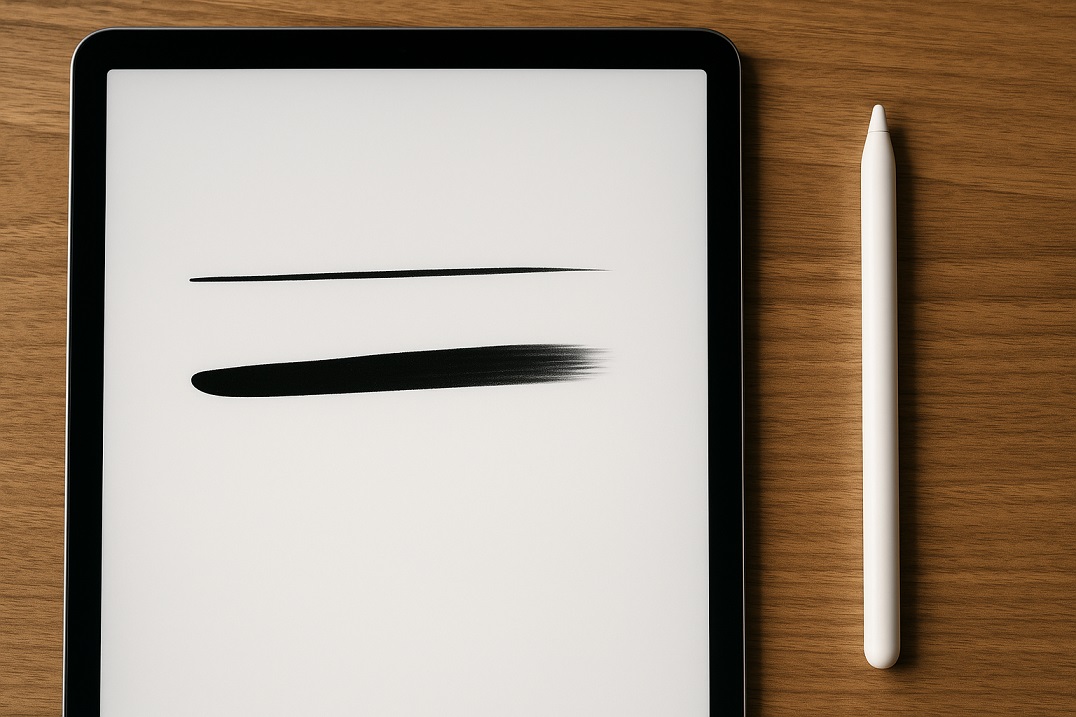 iPad上に筆圧感知の違いを示す線が描かれている画面＋スタイラスが横にある構図