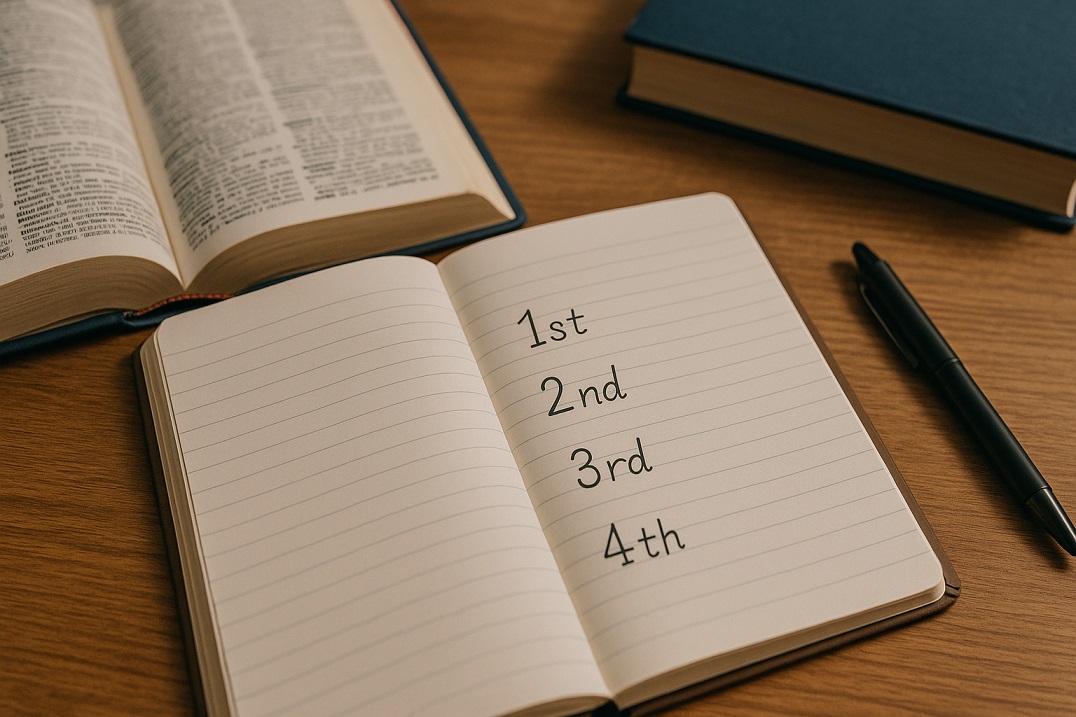 ノートに「1st」「2nd」「3rd」「4th」と序数が丁寧に書かれている