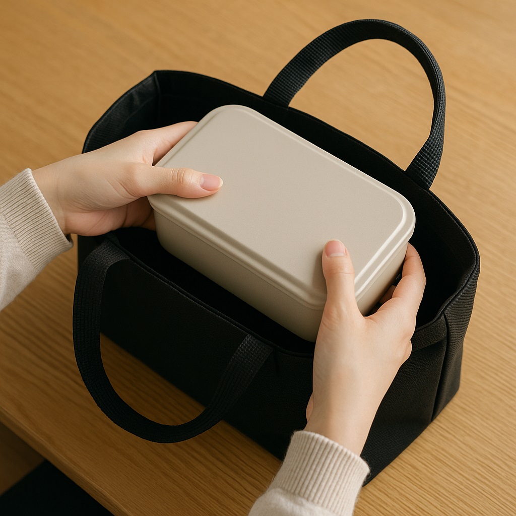 バッグに弁当箱を入れる場面