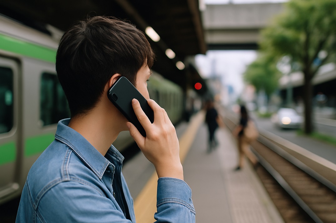 電車のホームや街中でスマホ通話している人物