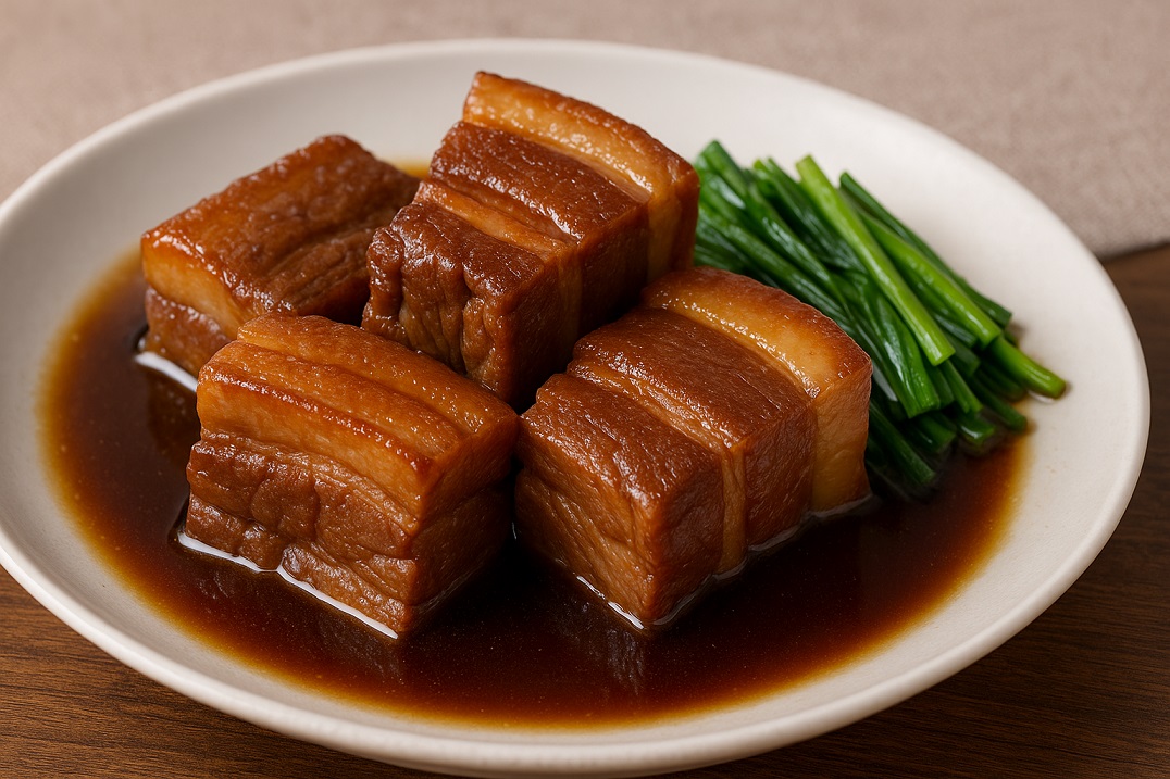 皿に盛りつけされた豚の角煮