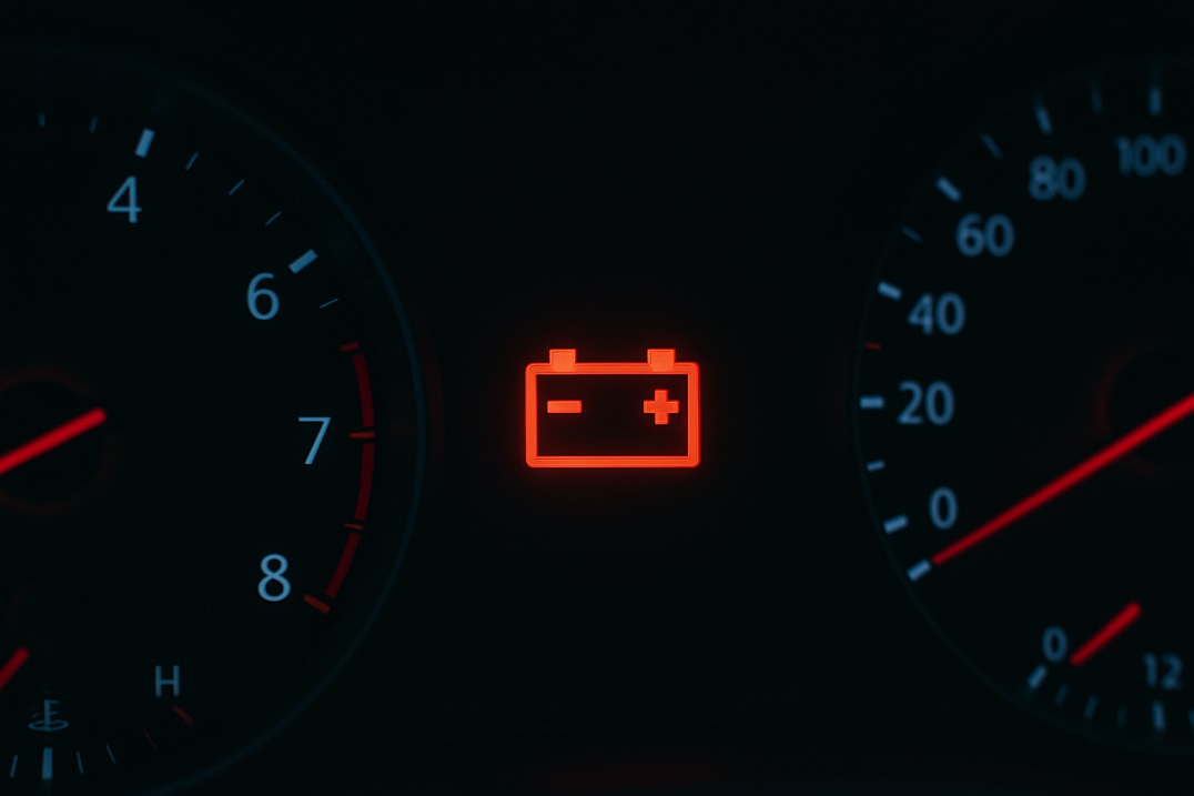 車のメーター内でバッテリーマークが点灯している様子