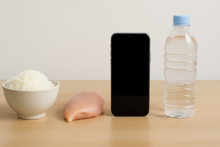 300gだとこのくらいの例としてご飯、鶏もも、スマホ、ペットボトル