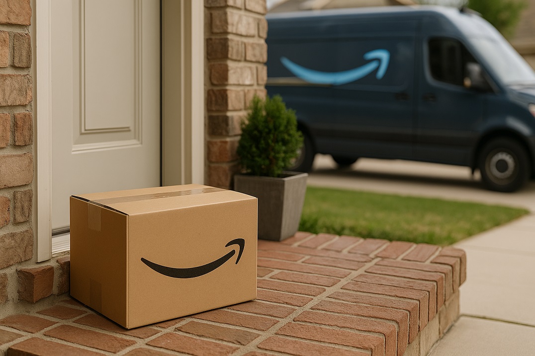一戸建ての玄関ポーチにAmazonの段ボールが置かれ、背景に配送車が停まっている