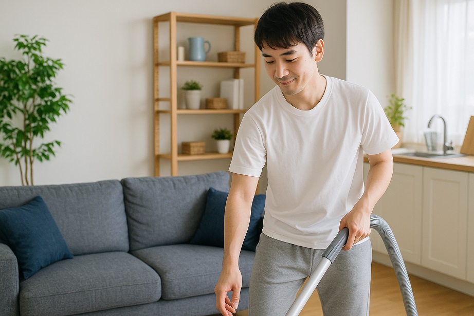 部屋の掃除している一人暮らしの男性