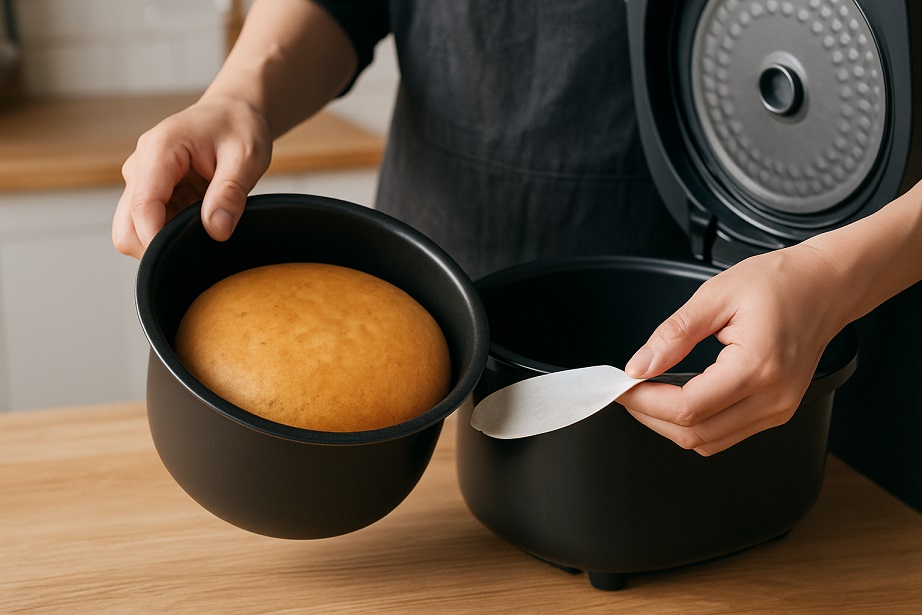 キッチンで炊飯器ケーキを取り出す