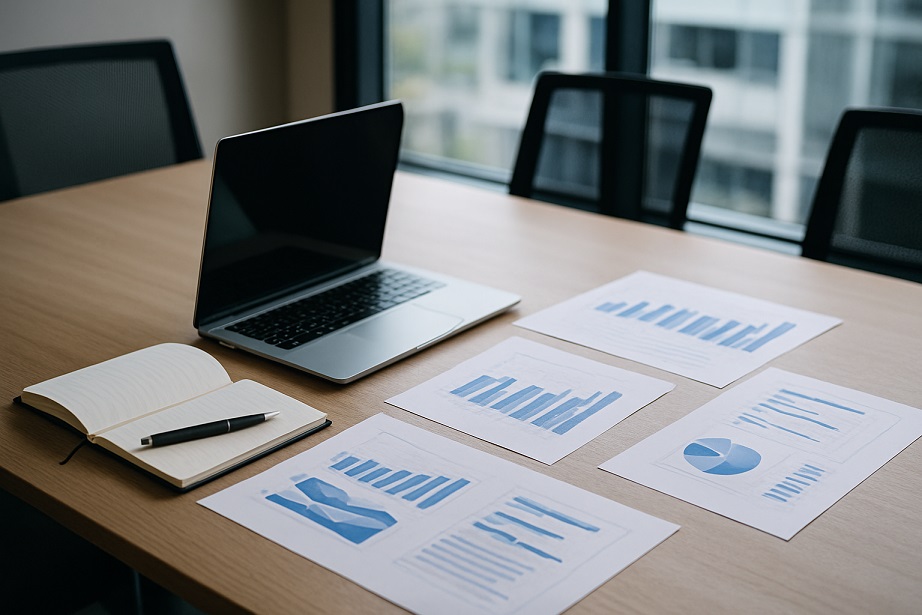 会議テーブルに資料とPC