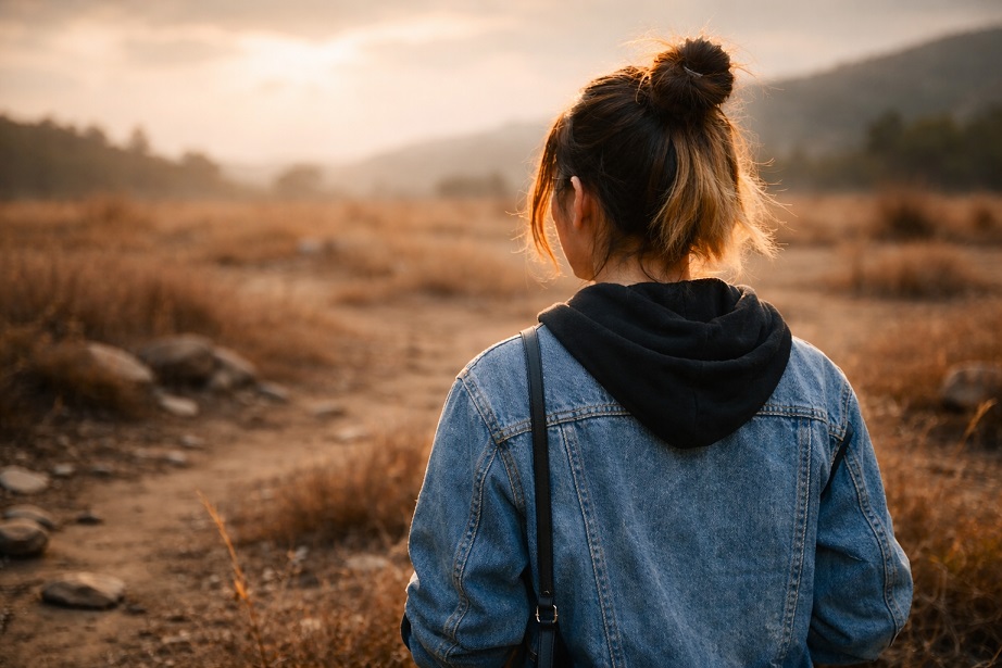 夕陽の中で立つ女性