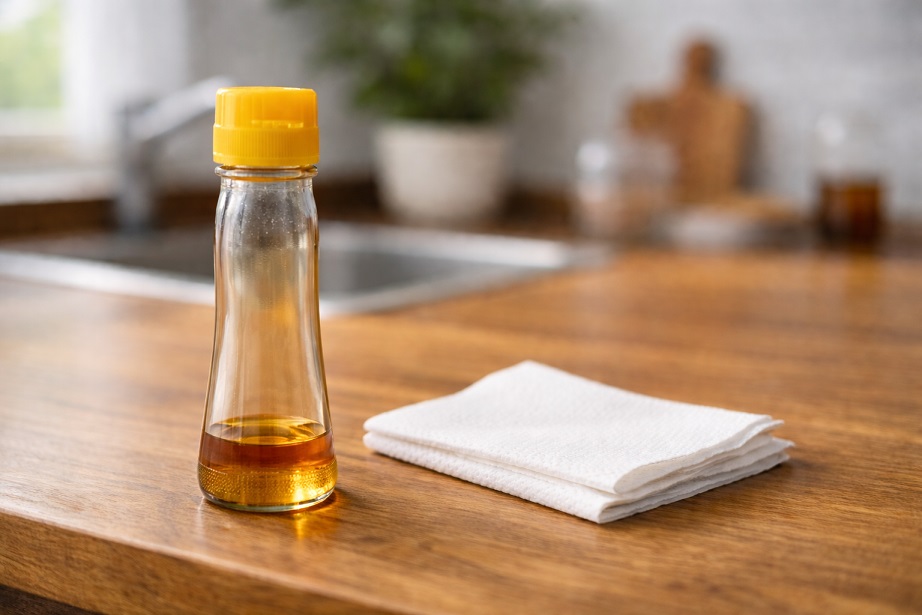 ごま油の空瓶とペーパータオル