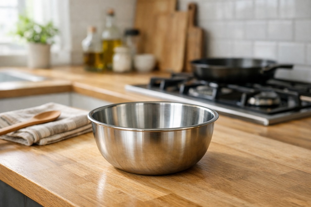 ステンレス製ボウルがキッチンの作業台に置かれている様子。背後にガスコンロが見えるが火は使われていない