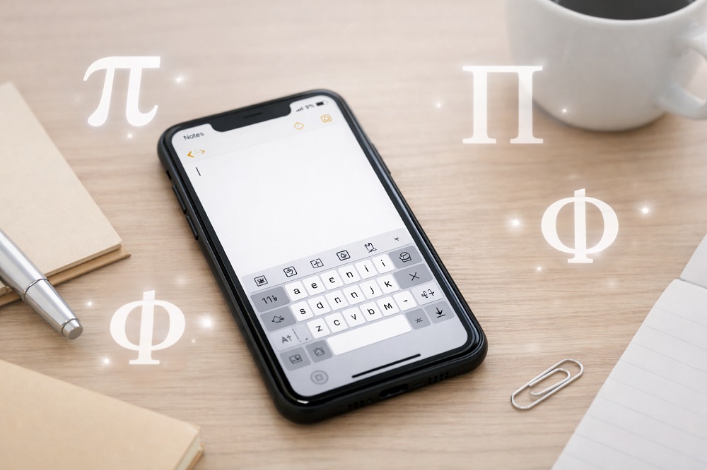 スマホの画面入力を背景に、π・Π・φ・Φのパイ記号が並んで表示されている様子