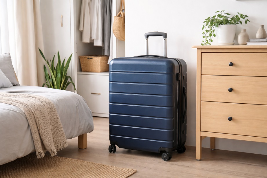 ネイビーブルーのスーツケースと寝室の隅
