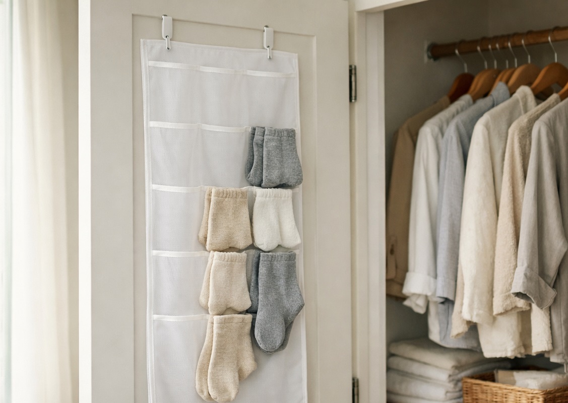 クローゼット扉に吊るされた靴下収納