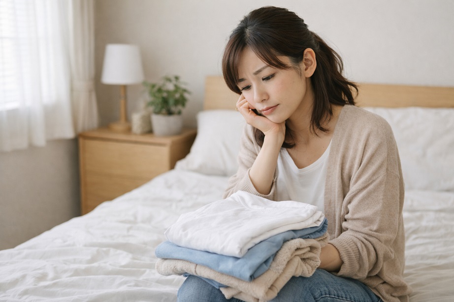 洗濯物を前に悩む女性