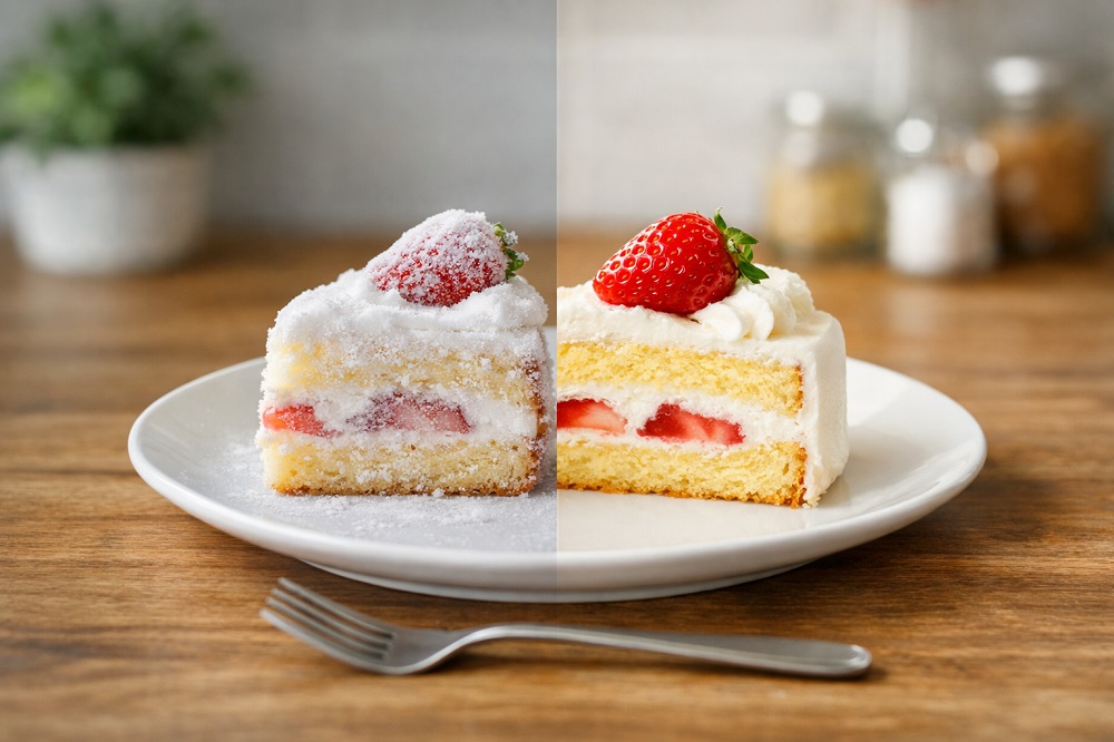 冷凍状態と解凍後の違いを並べて比較したイチゴのショートケーキの断面と白い皿、手前にフォークを置いた写真