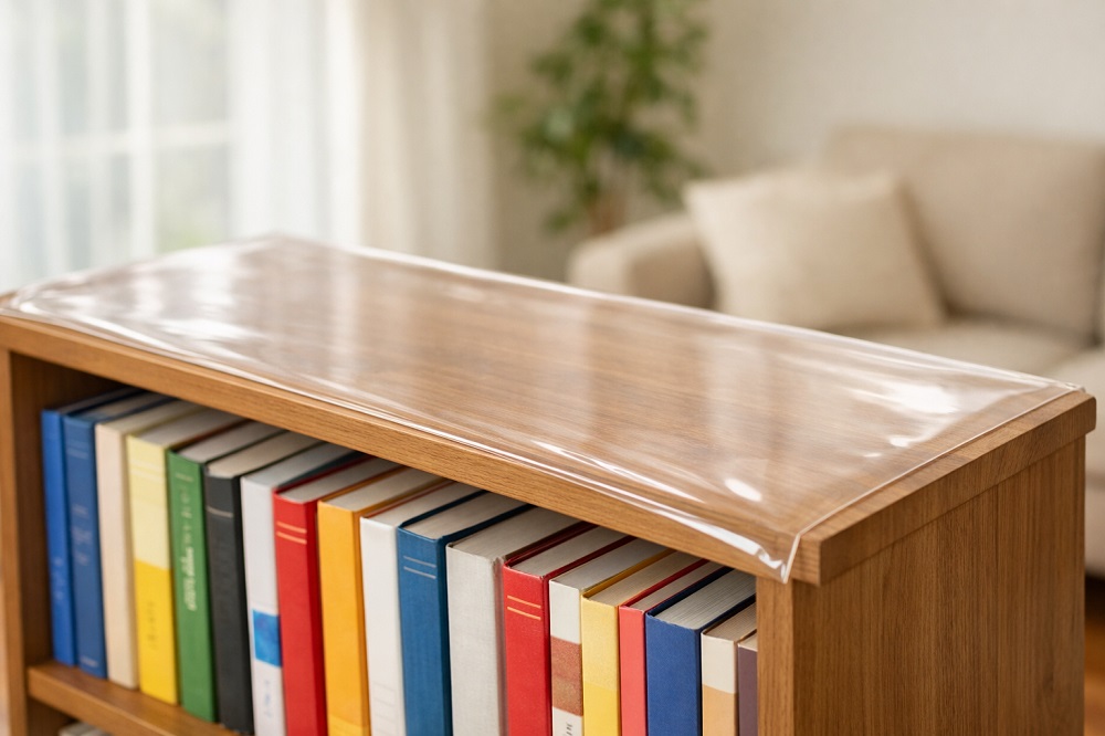 本棚の天板に透明シートをかぶせてほこり対策をしている様子と、整然と並んだ本の背表紙が写ったリビングの写真