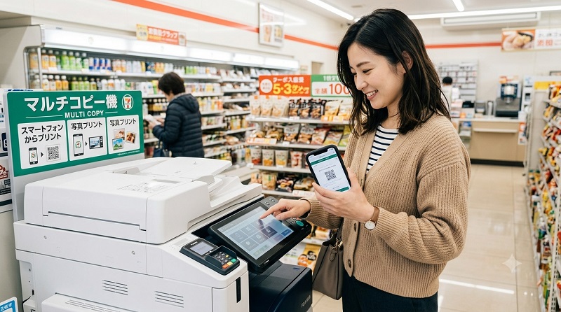 コンビニのマルチコピー機を操作している人の画像