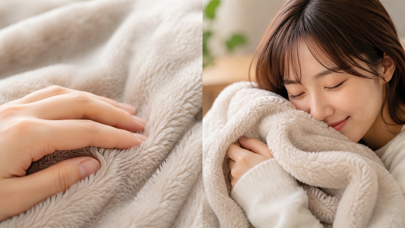 左側に毛布を手で触れているところを、右側に毛布に顔を触れているところを一枚にした画像